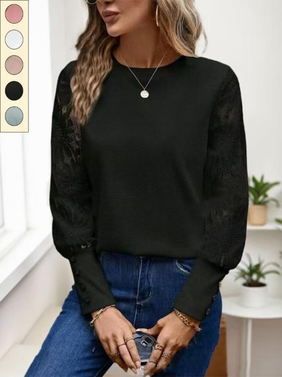 

Autumn Trendy Oversized Shirt Women s Long Sleeve Embroidery Lace Patchwork Pinstripe Crew Neck Top 2XL чорний
