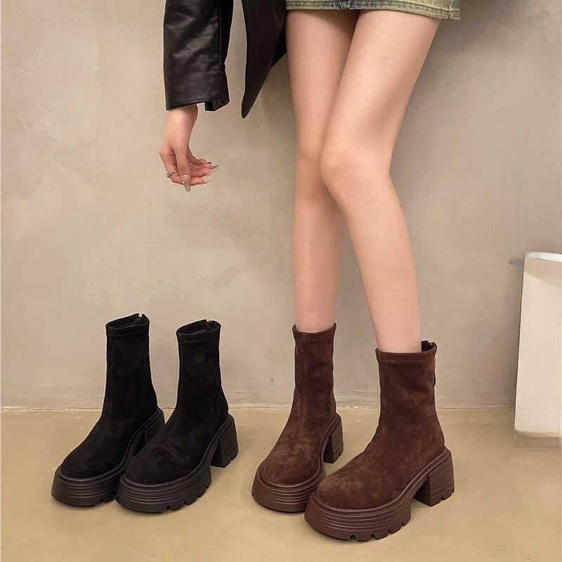 Thick-soled Thick-heeled Short Boots for Women, Small People In Autumn, Increase the Elasticity of Suede Short Tubes