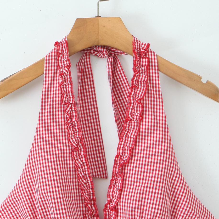 2026 Sweet Plaid Yarn-Dyed Halter V-Neck Mini Dress with Sexy Open Back