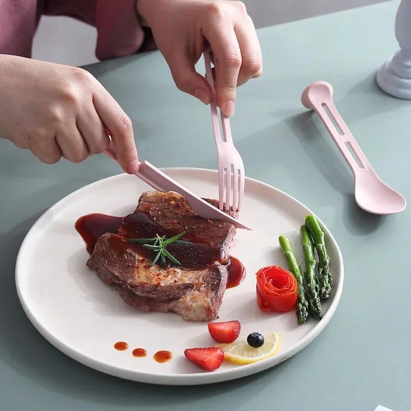 3-piece Portable Cutlery Set with Detachable Wheat Straw, Suitable for Travel, Picnics, Camping.