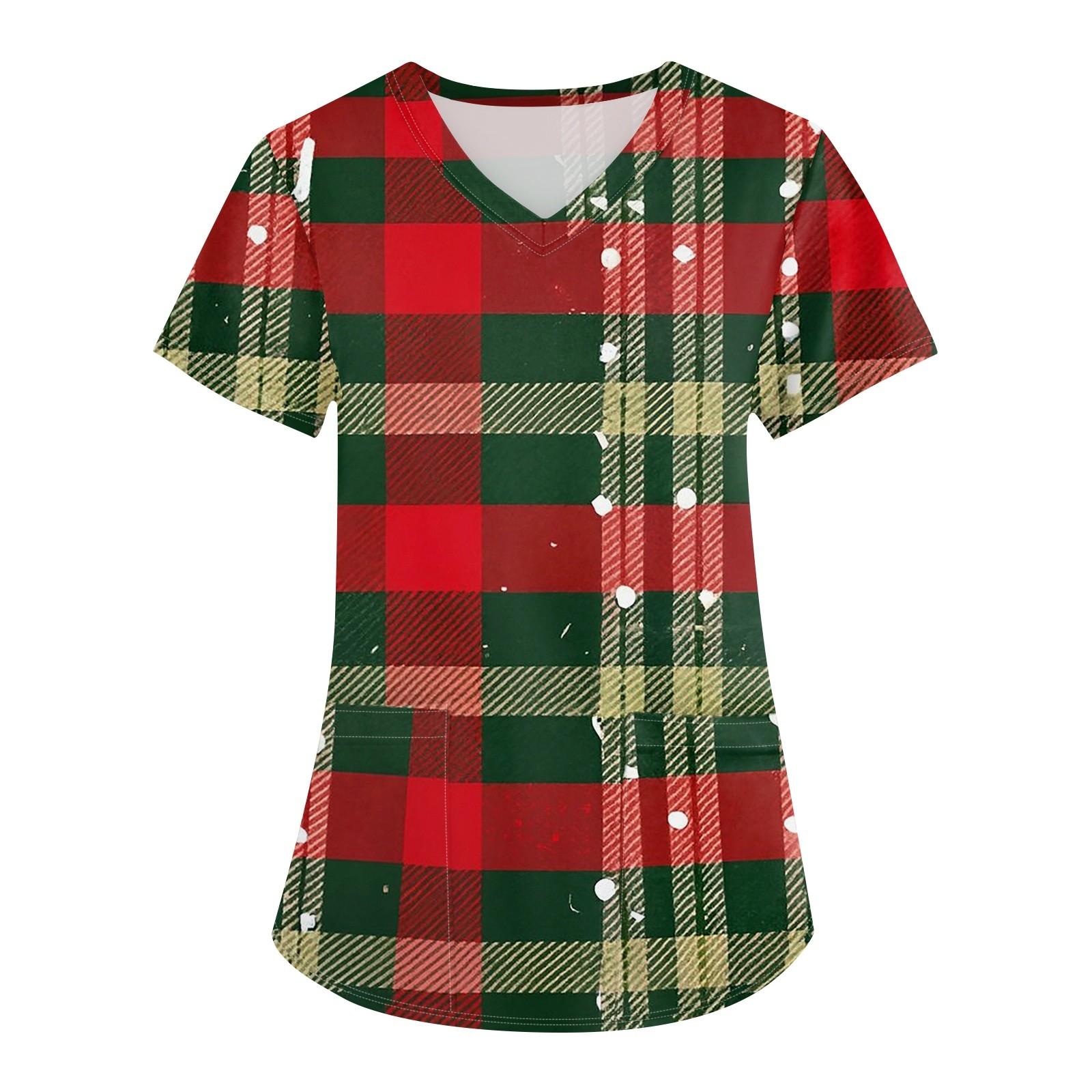 

Плюс Размер Печатный Рабочий Униформа Топы Для Женщин Крест V-образный вырез Рождественский принт Короткий рукав Забавные Футболки Рабочая Одежда Футболка С Карманами S винный