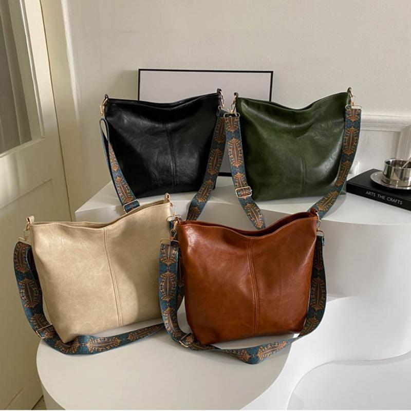 Geantă Tote de Damă Vintage, Geantă de Umăr Sling din Piele PU la Modă, Capacitate Mare, Simplă, cu Curea Lată, Tip Găleată, Crossbody, Modă