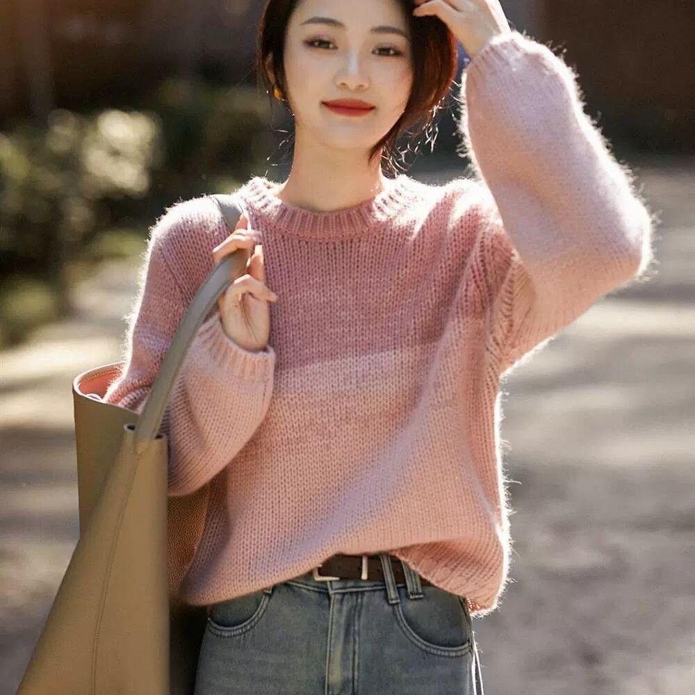 

Свободный женский осенне-зимний свитер с цветными блоками, повседневный вязаный свитер с круглым вырезом и длинными рукавами S розовый