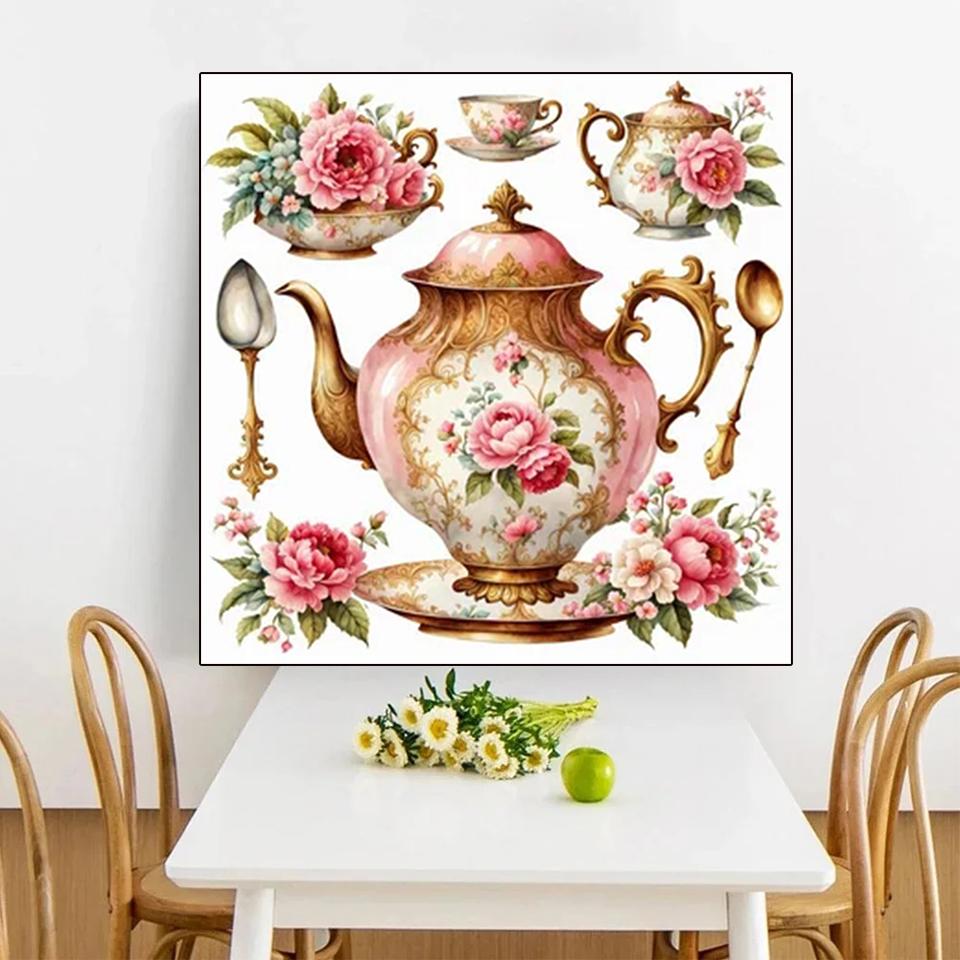5D DIY Diamond Painted Kit Colorful Flower Tea Cup Handmade Cross Embroidery Dream Tea Pot Rose 2024 New Decoration Gifts