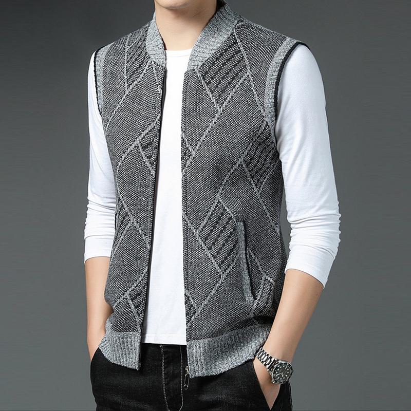 Autumn Winter Men's Vest Full Zipper Sleeveless Cardigan Knitted Sweater Vests Casual Warm Fleece Waistcoat