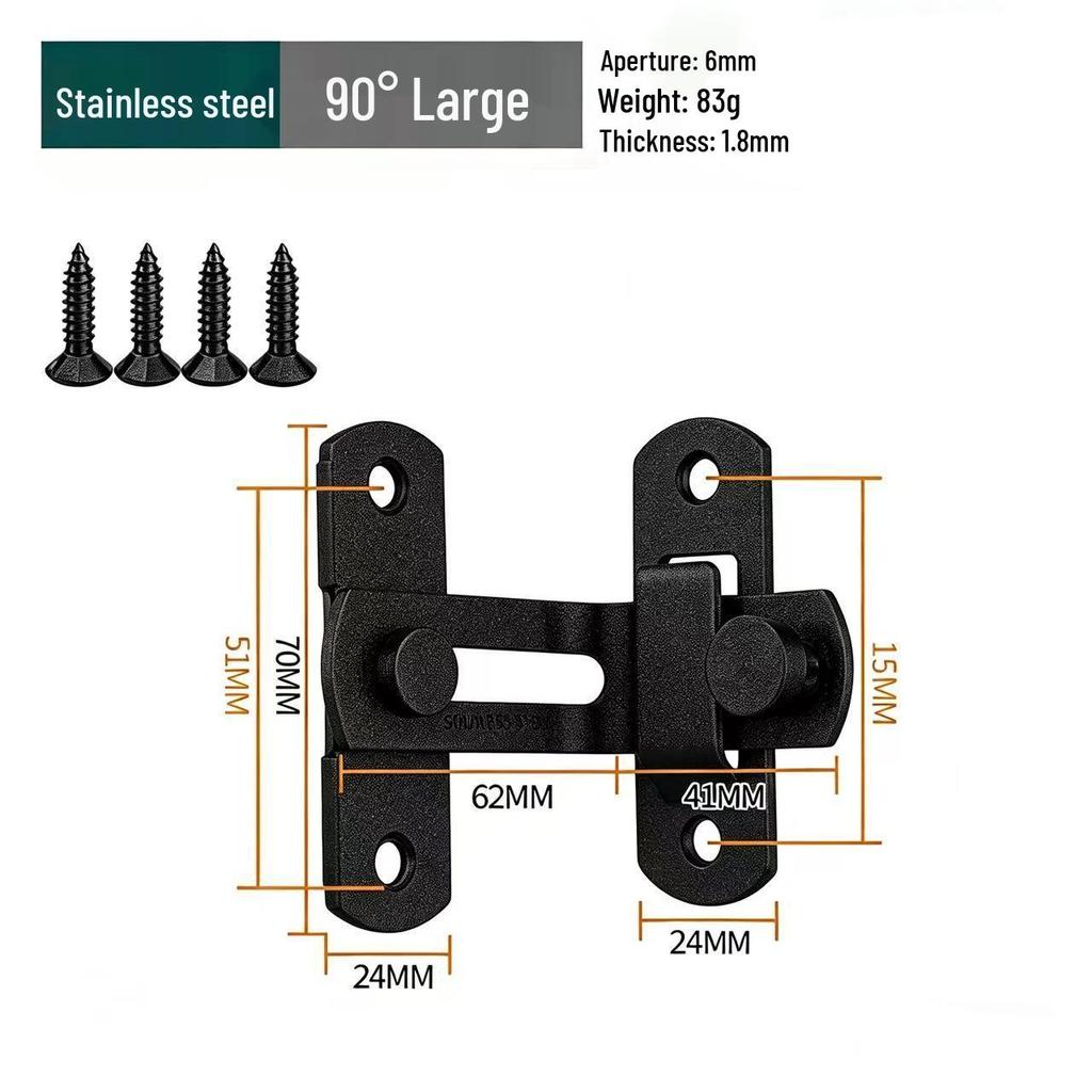 Black Stainless Steel 90° Door Latch Bolt for Home or Pet Doors