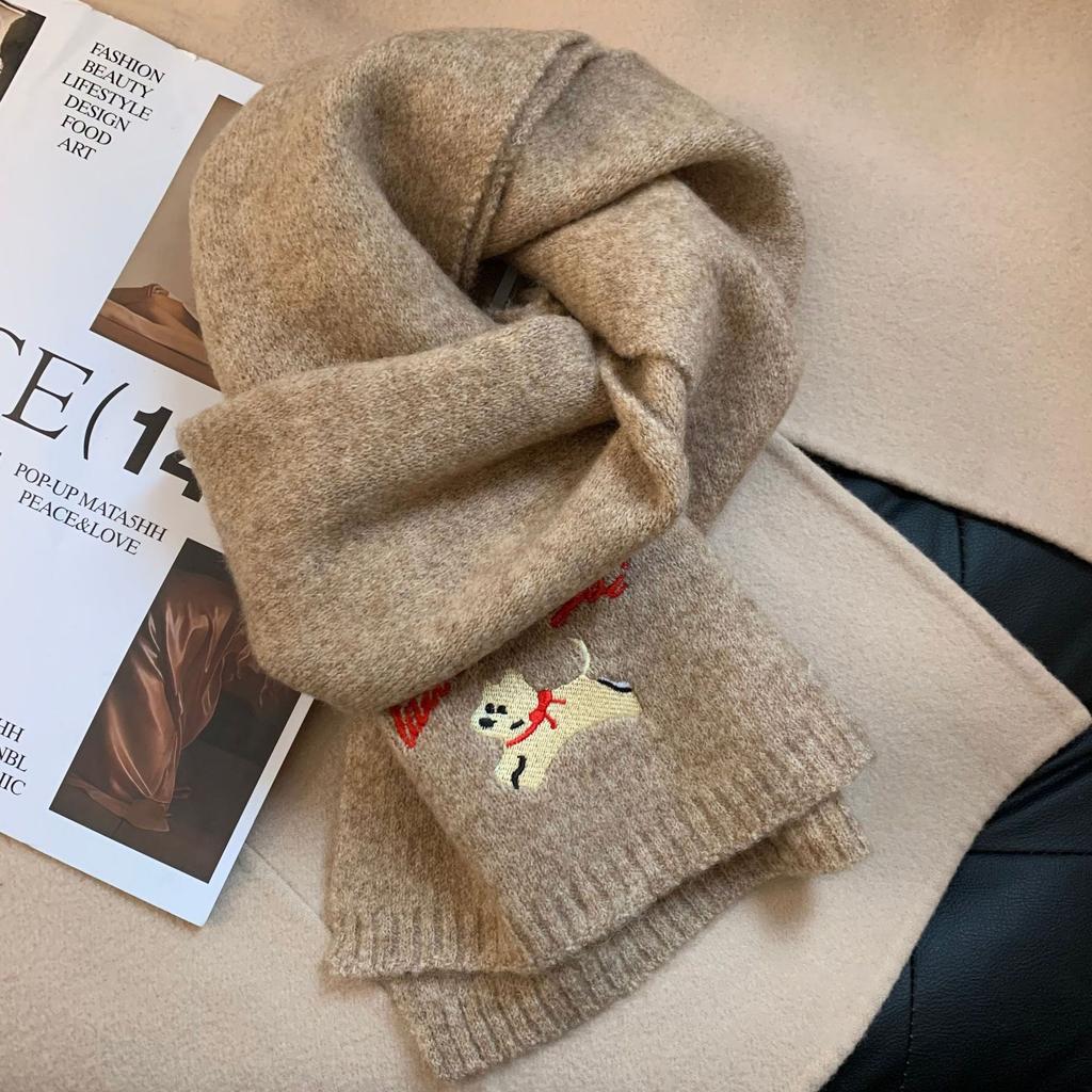 Red Scarf Women Gilrs Autumn/Winter Korean Style Cute Embroidered Dog Women Fashion Versatile Thicken Warm Knitted Neck Scarf