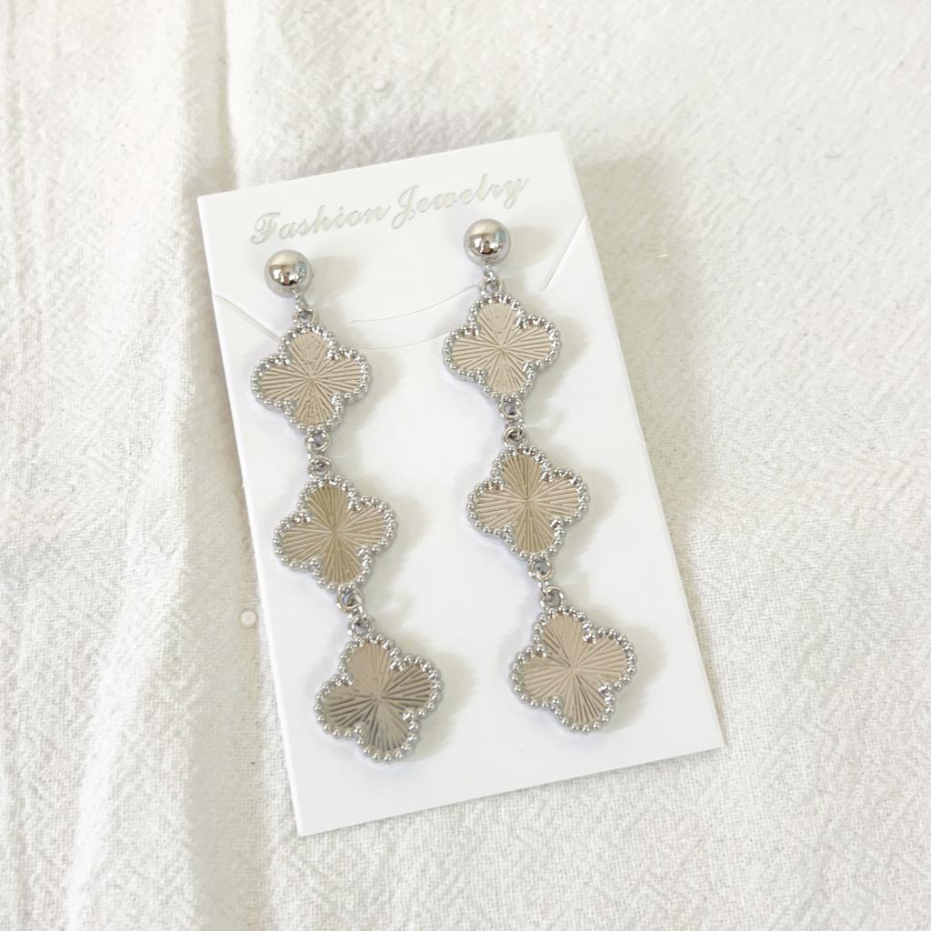 Stainless Steel Clover Tassel Double-sided Earrings with Three Flower Earrings and Earrings, 18K Gold Earrings