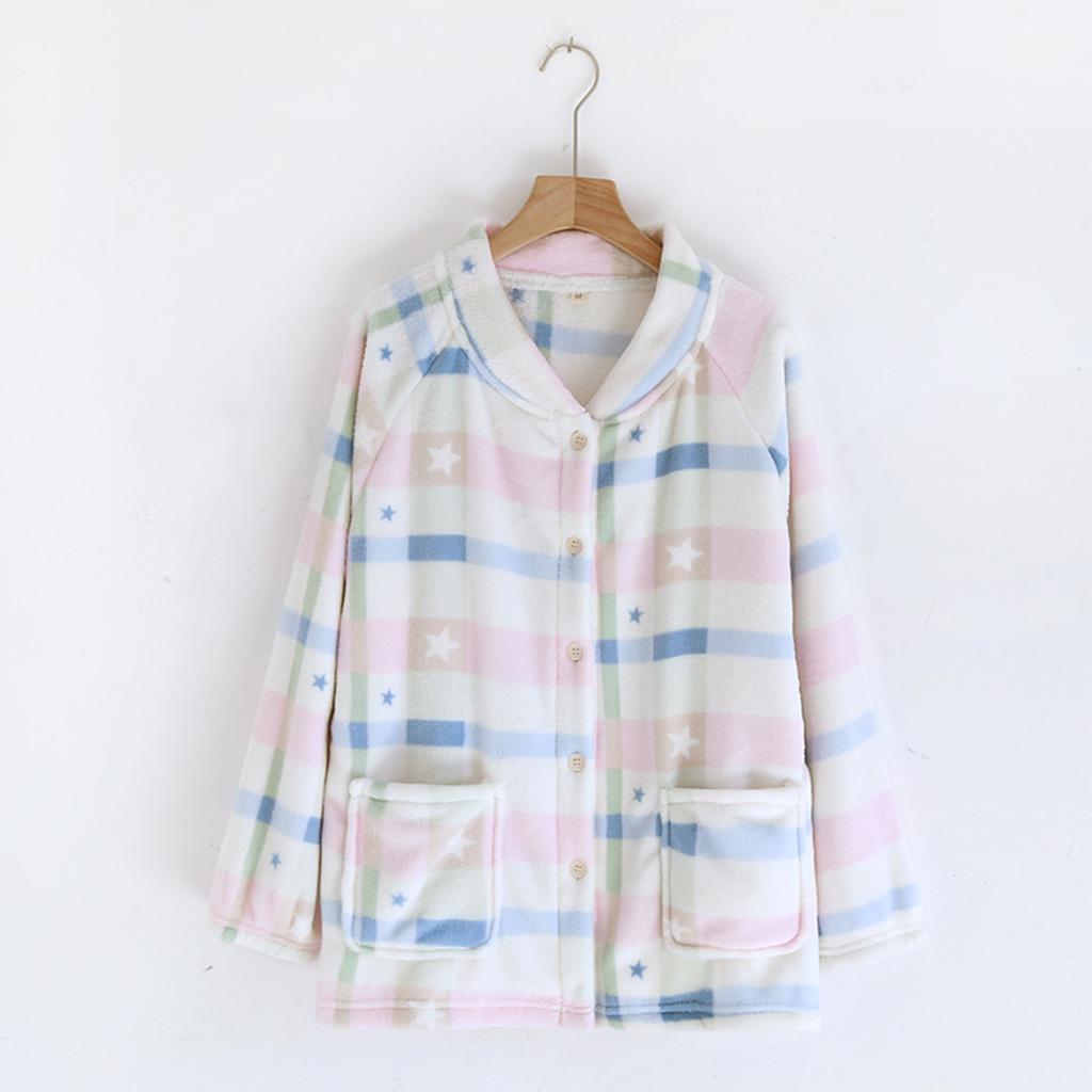 Women's V-Neck Cardigan Pajama Top Long Sleeve Thick Loose Fit Loungewear Sleep Shirt