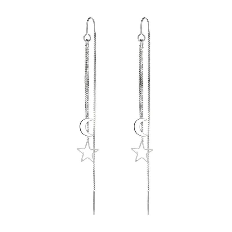 Real  Sterling Silver Long Tassel Hollow Stars Moon Drop Earrings for Women Cute Fine  Light Luxury Accessories
