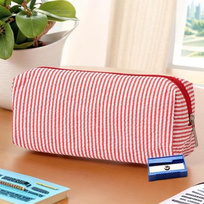 Simple Seersucker Pencil Case Fresh Stripe Pencil Storage Bag Large-Capacity Stationery Pouch Travel Cosmetic Bag Student Gifts