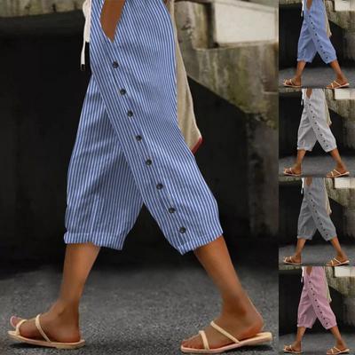 New Summer Striped Elastic-waist Shorts Straight Leg Casual Side Button-down Pocket Capri Pants