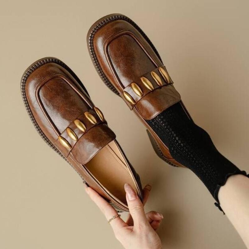 British Style Vintage Slip on Loafers for Women 2025 Spring and Autumn Soft Leather Square Toe Chunky Heel Loafers Shoes