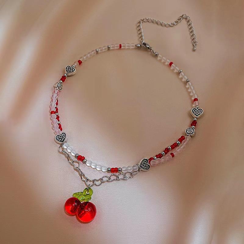 Love Cherry Beaded Necklace Female Summer Sweet Versatile Personality Sweet Cool Collarbone Chain Cute Girl Neck