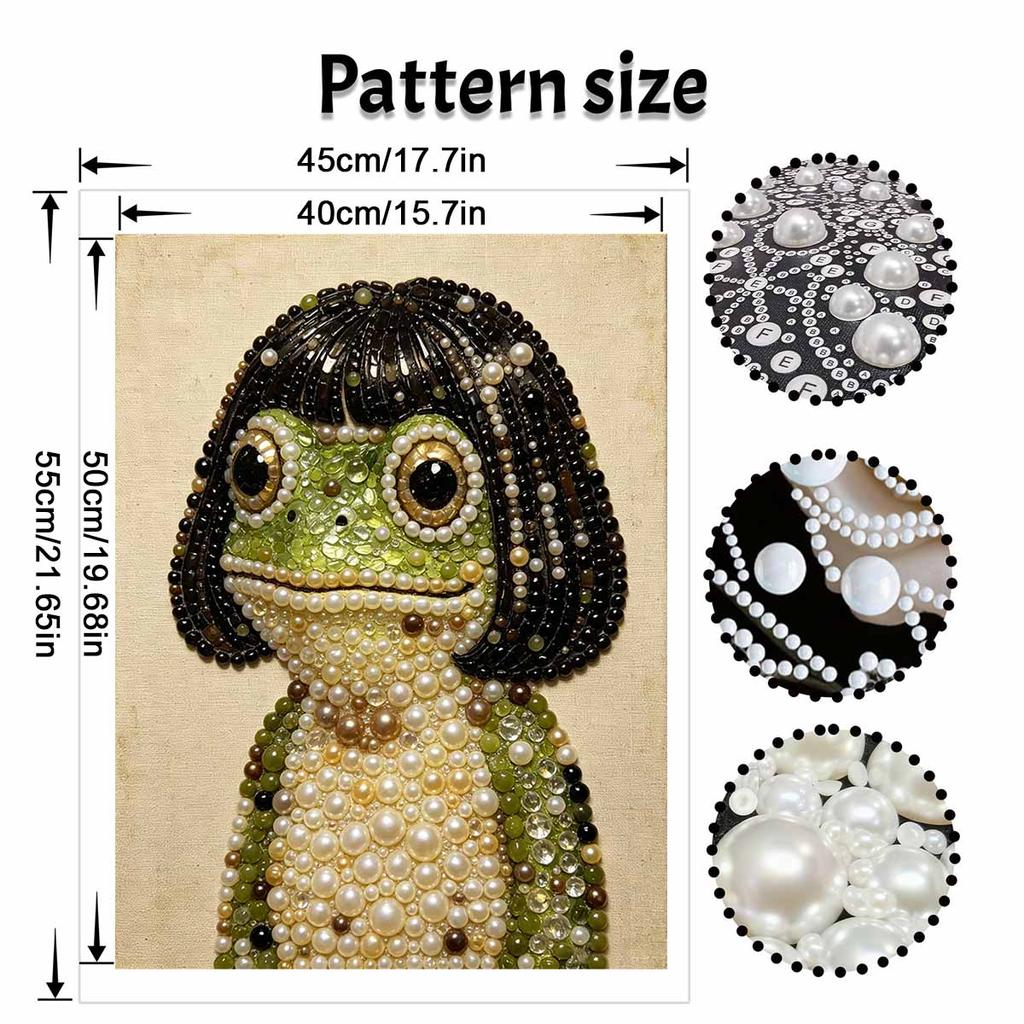 Handmade Framed Pearl Painting Set with Cute Bob Hair Frog Design 5D Shiny Bead Art Canvas Creative Craft for Room Decor Art Wall Decoration