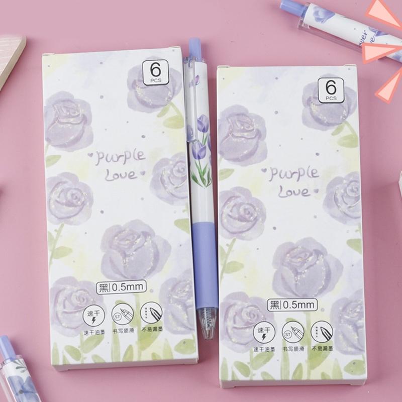 6Pcs Flower Print Gel Pen 0.5MM Tip Quick Dry Ergonomic Grip Retractable Gel Pen Office Supplies for Writing Journaling