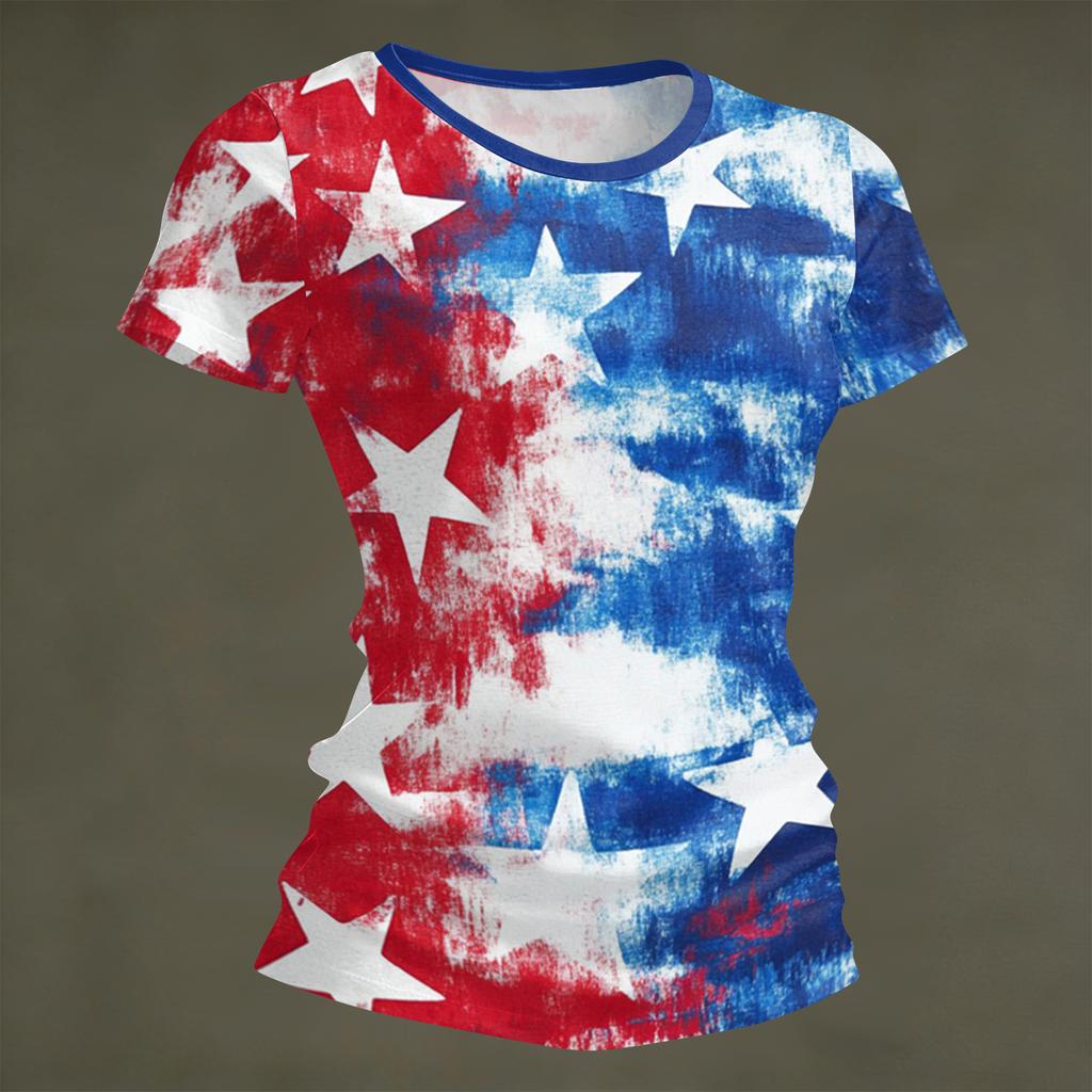 Women's Fashion Round Neck Independence Day Print Short Sleeve Loose Crewneck T-Shirt Top
