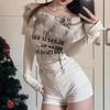 Luxury Fur Graphic Long Sleeve T Shirt Y2k Women Autumn Winter Off Shoulder Tops 2000s Vintage Basic Blouse Tees White Shirt