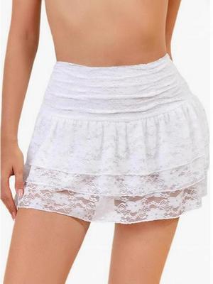 Saia Curta Midi Empilhada com Renda Europeia e Americana – Moda Sexy para Mulheres da Moda