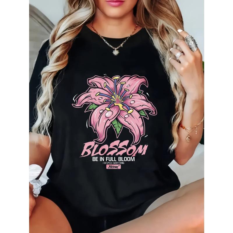 

Women Casual T Shirt Black Pink Lily Flower Blossom Be In Full Bloom Graphic Print Top Everyday Wear Summer Outfit XXXXL