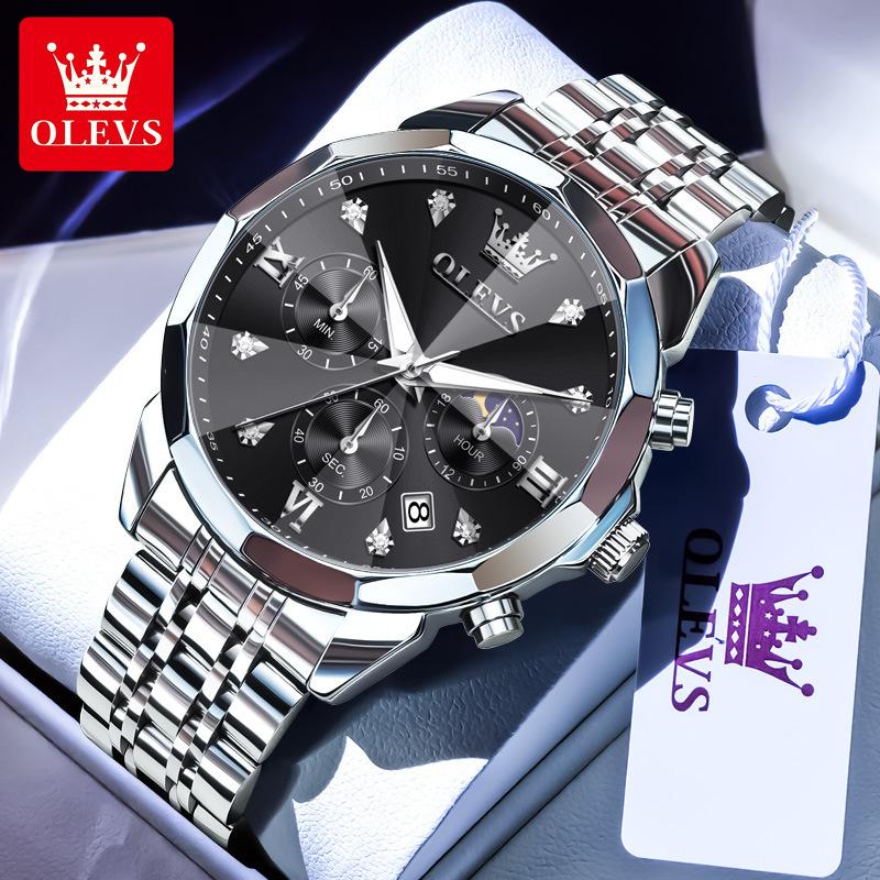 OLEVS Men Watch Fashionable Original Moon Phase Quartz Watch Waterproof Luminous Automatic Date Stainless Watch Gifts
