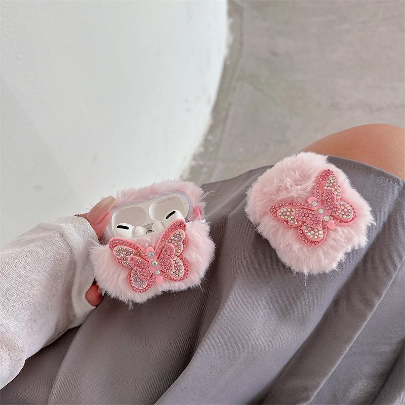 Plush pink diamond butterfly suitable for airpods4 protective case Apple bluetooth pro2 3rd generation earphone cover cute girl