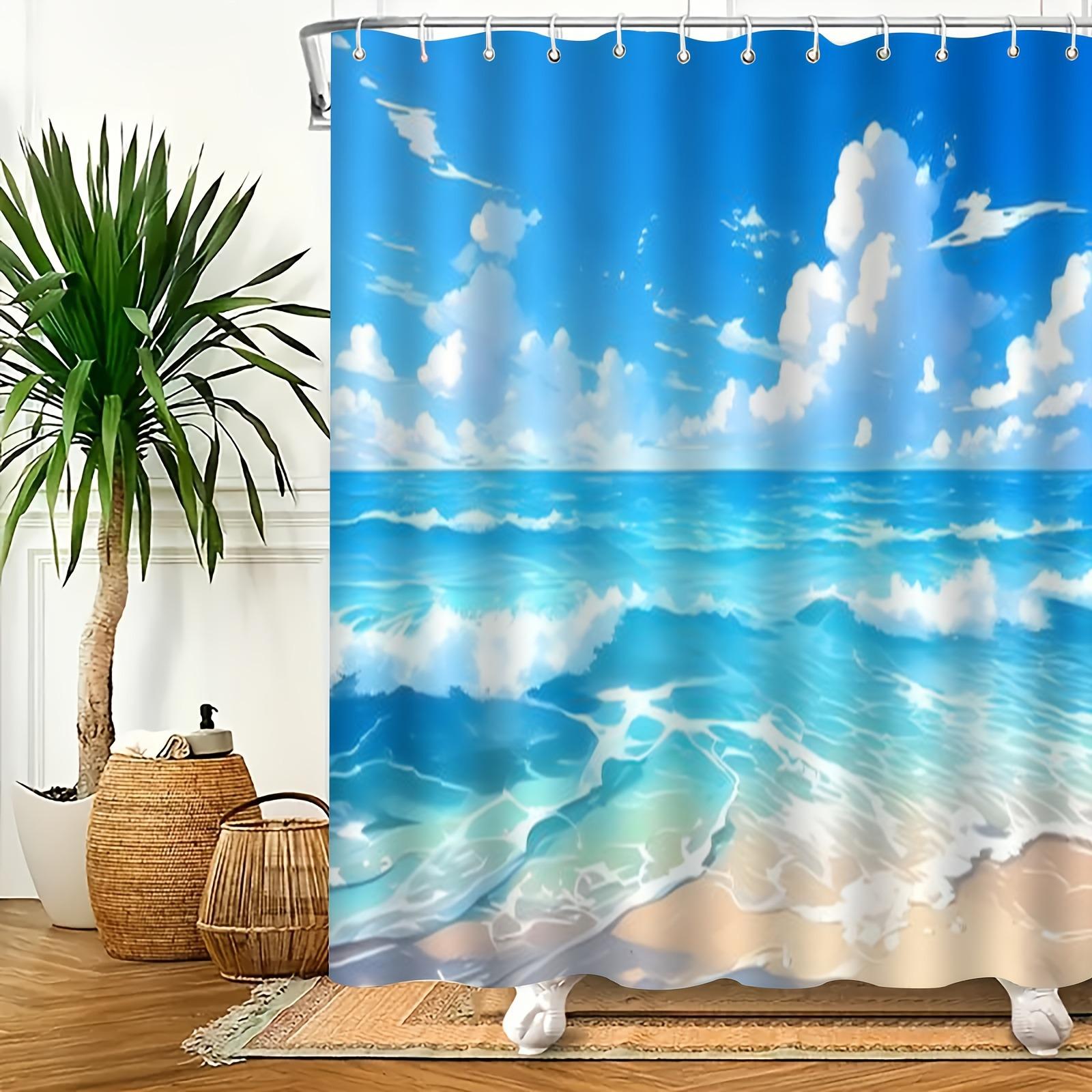 

Blue Wave Pattern By The Seaside Shower Curtain Washable Dirt-Resistant Shower Head Waterproof Polyester Bath Curtain W60H190(CM)-1 Pcs