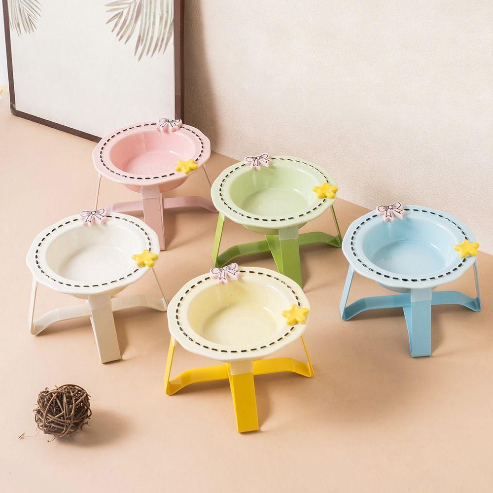 Cute Ceramic Cat Bowl Anti Slip Neck Protection Elevated Pet Feeder Bowl Stable with Stand Cat Feeding Station Wet Dry Food