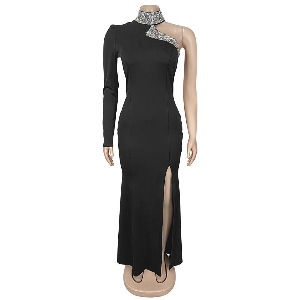 C7268 Women's Off-the-Shoulder Rhinestone Split-Front Dress - New Fashion Europe America