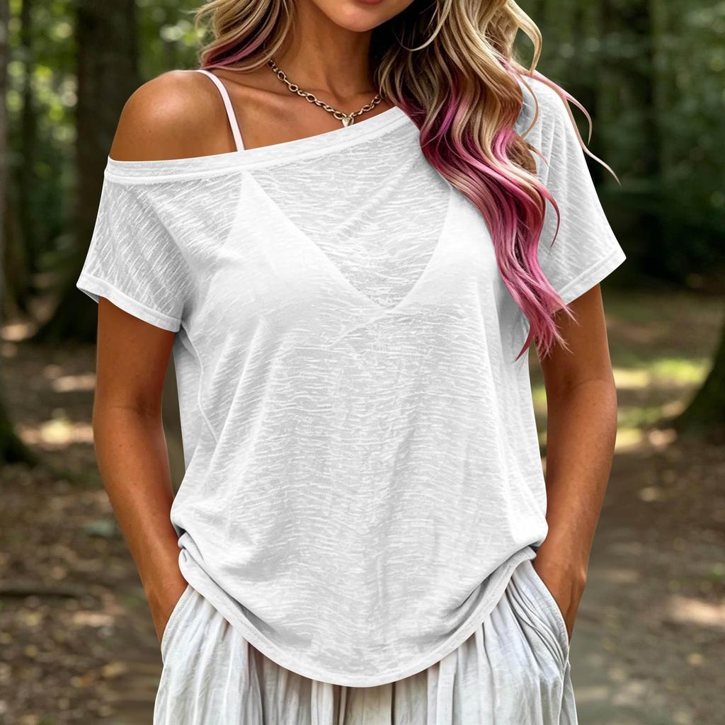 Women Casual Off Shoulder Sheer Short Sleeve T Shirt Loose Fit Lightweight Summer Top with Relaxed Silhouette