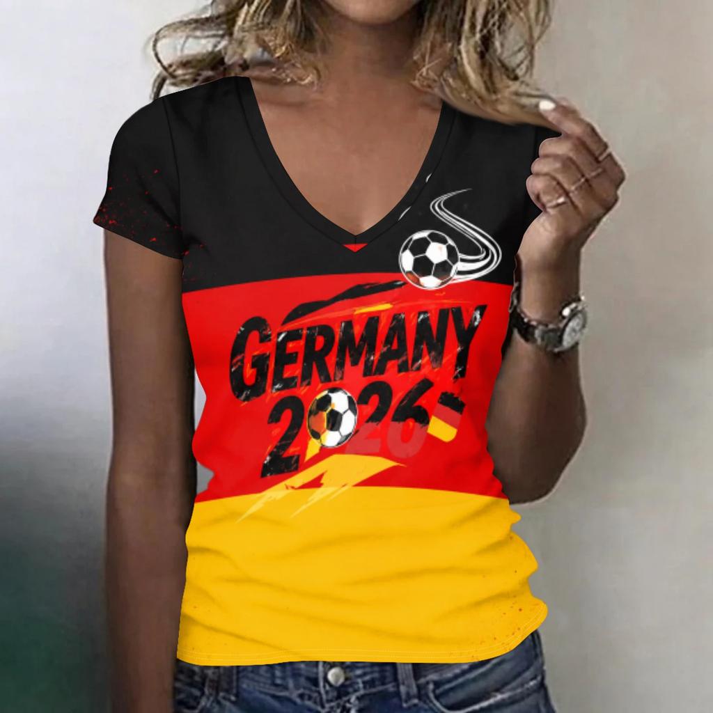 Women V Neck Short Sleeve Lightweight Summer Top Germany 2026 Soccer Printed Casual T Shirt for Sports and Daily Wear