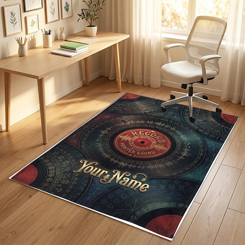Vinyl Records Theme Soft Crystal Velvet Rug Custom Name & Text Print Non Slip Floor Rug for Bedroom Living Room