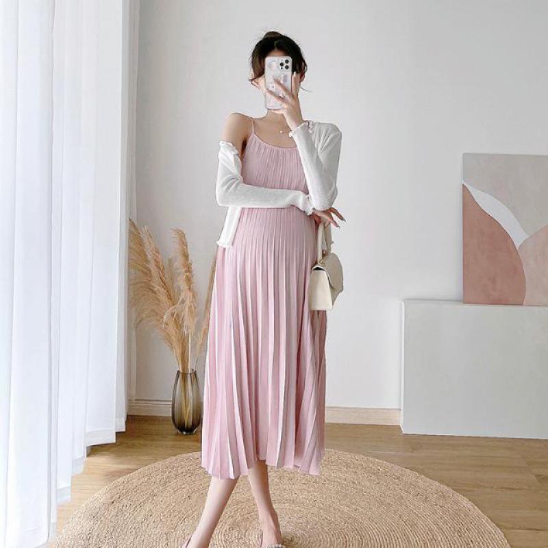 Versatile Plus Size Pleated Maternity Two-Piece Slip Dress