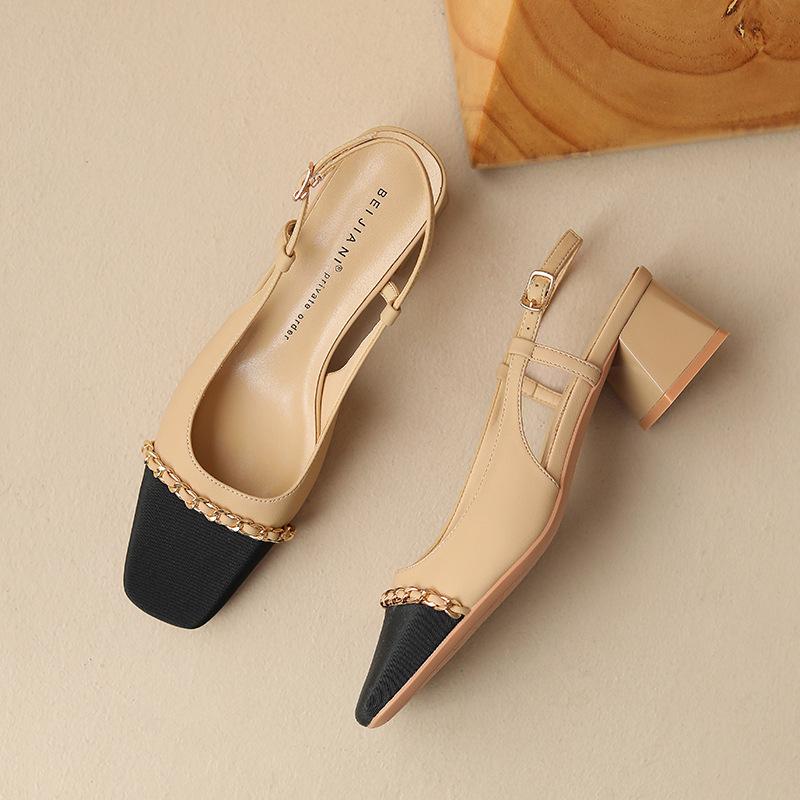 

Темперамент Сяосянфэн~ сандалии на среднем каблуке с цепочкой и цветовой гаммой, женские летние туфли Мэри Джейн с закрытым мыском и толстым каблуком 34 хаки