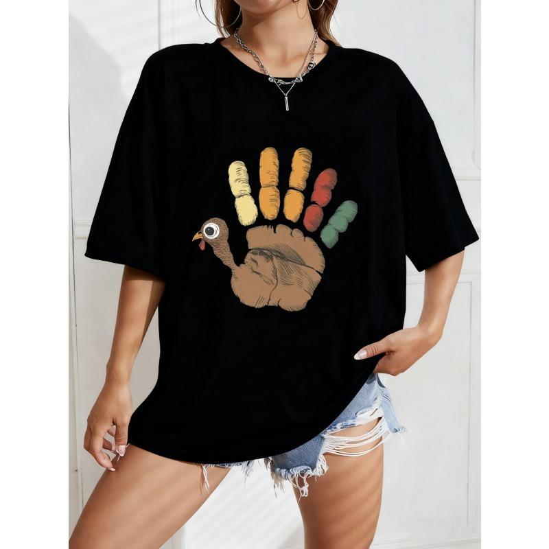 Oversized T-Shirt with Handprint-Doodle Turkey Fun Print – Colorful Cartoon Pattern Casual Top for Thanksgiving