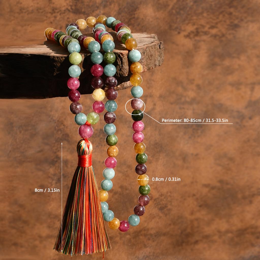 Bohemain Natural Stone Colorful Stone 99 Beads Long Necklace Silk Tassel Pendant Handmade Beaded Hoilday Zircon Gift