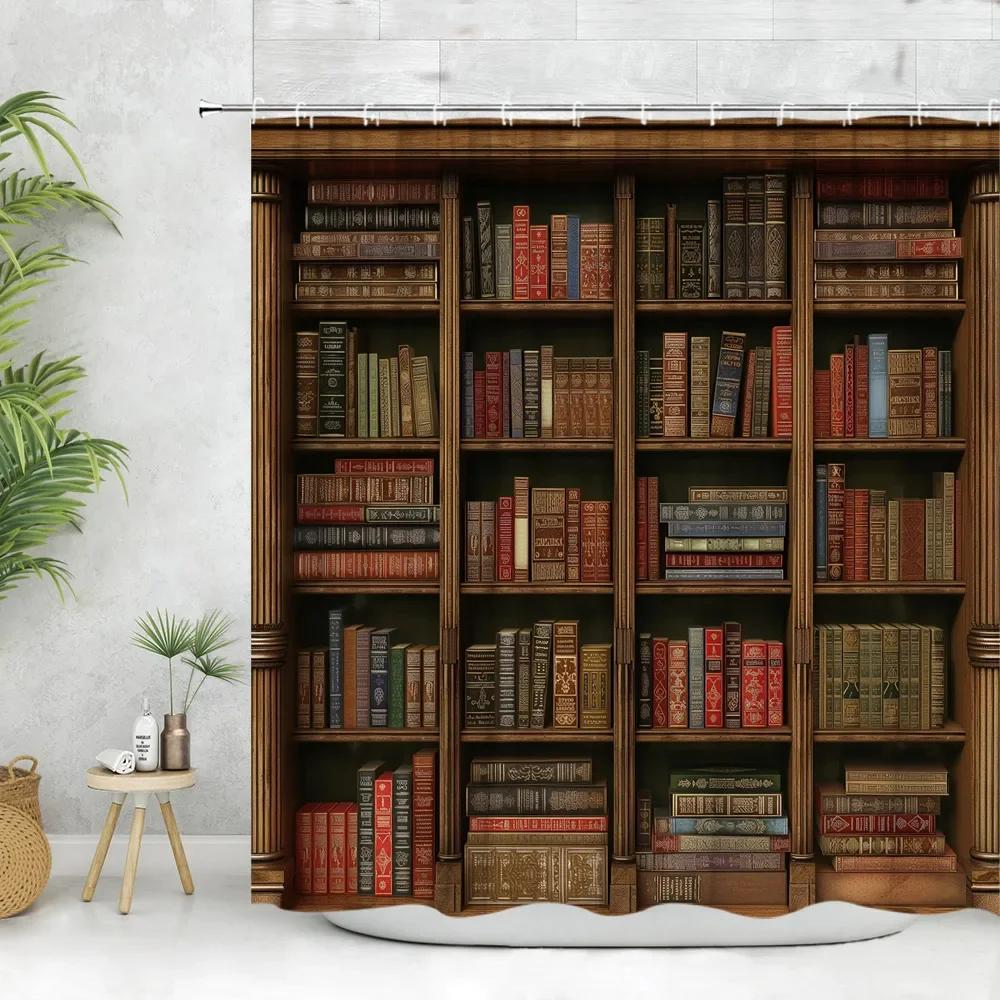 Vintage Library Shower Curtain Old Book Bookshelf Candle Magic Wooden Antique Polyester Fabric Bathroom Decora Curtain Washable