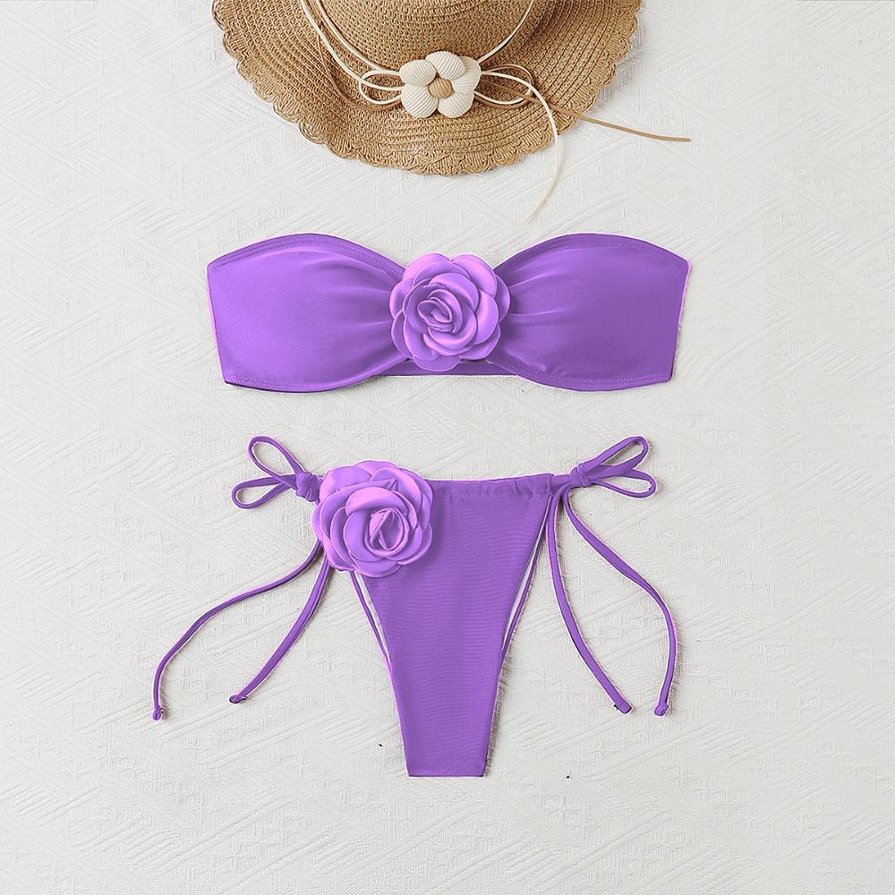 European and American Solid Color Rose Tube Top Bikini Drawstring Strap Split Swimsuit