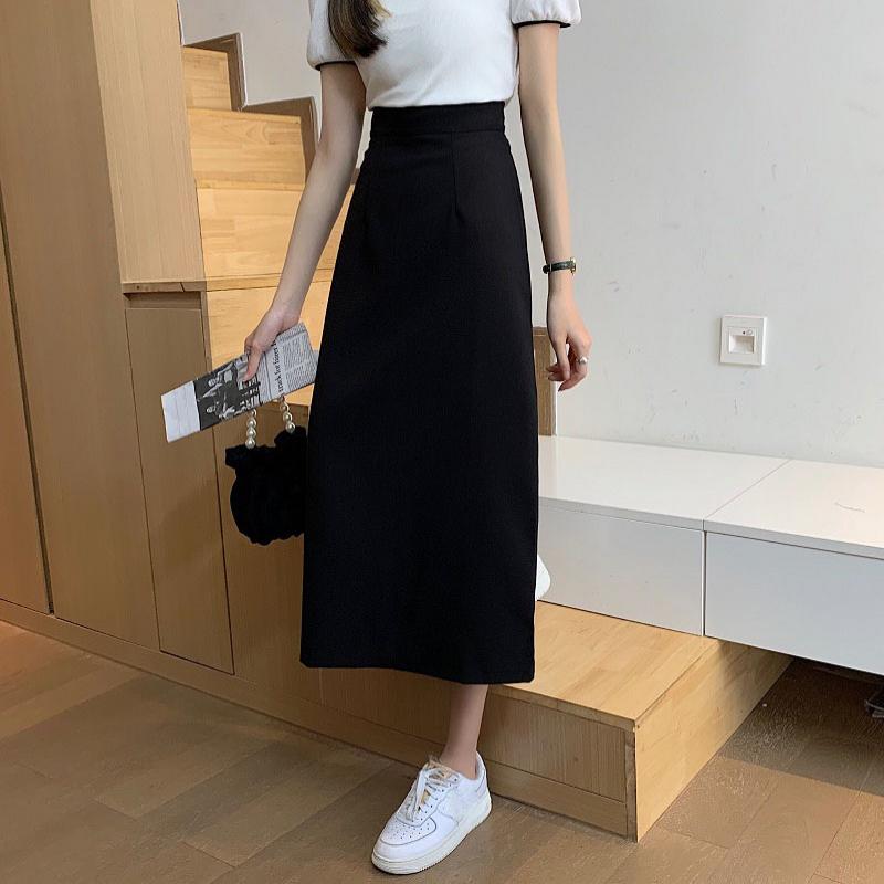 Saia Feminina Preta Cintura Alta Fenda Lateral Comprimento Midi Saia Feminina Elástica Slim Linha A Retrô Elegante Versátil Simples Moda