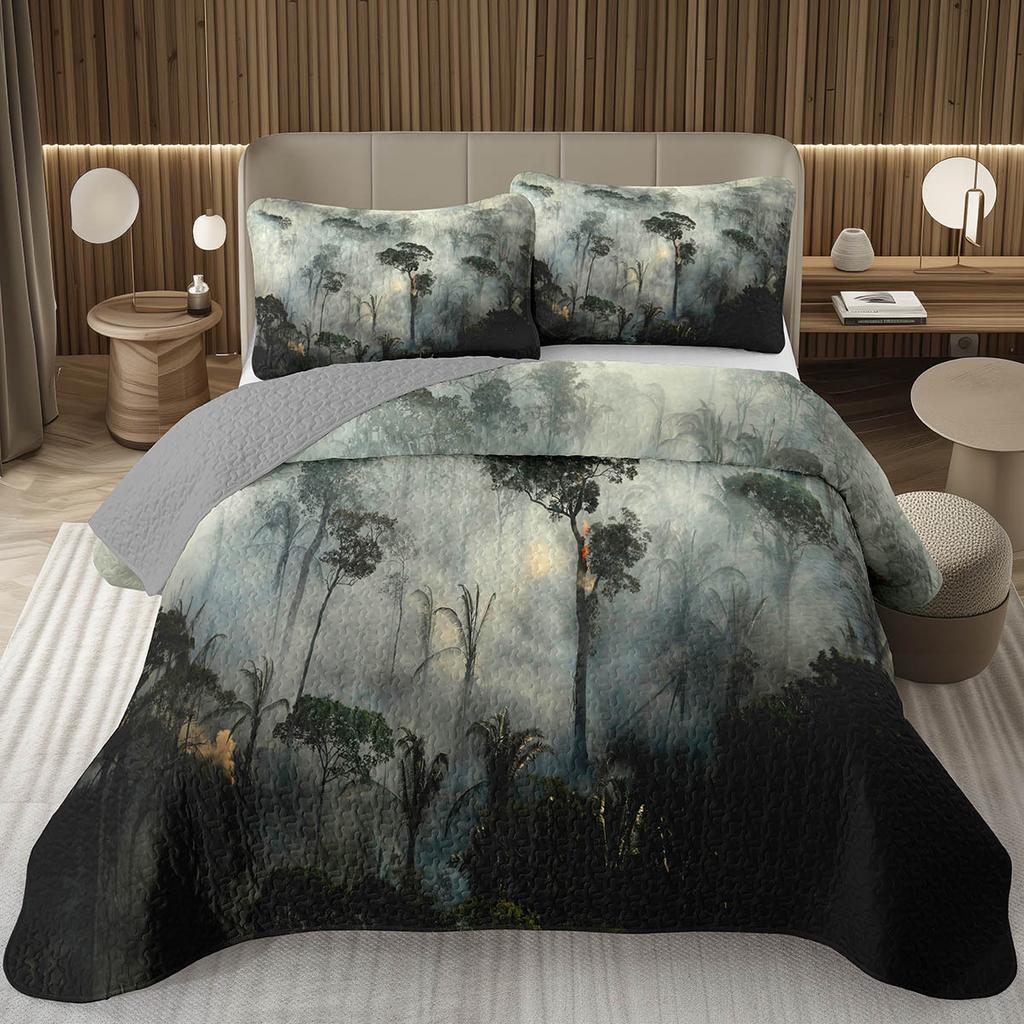 Přehoz na postel Queen/Twin s lesním motivem, Sada prošívané přikrývky s přírodní scenérií, Měkká lehká botanická přehoz na postel se stromem, Rustikální selská ložní souprava
