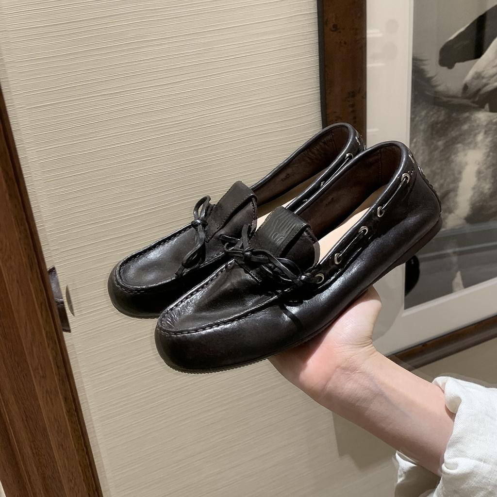 Sheepskin Version~ New Retro Bow Strap Flat Loafers Women's British Style One-pedal Versatile Small Leather Shoes