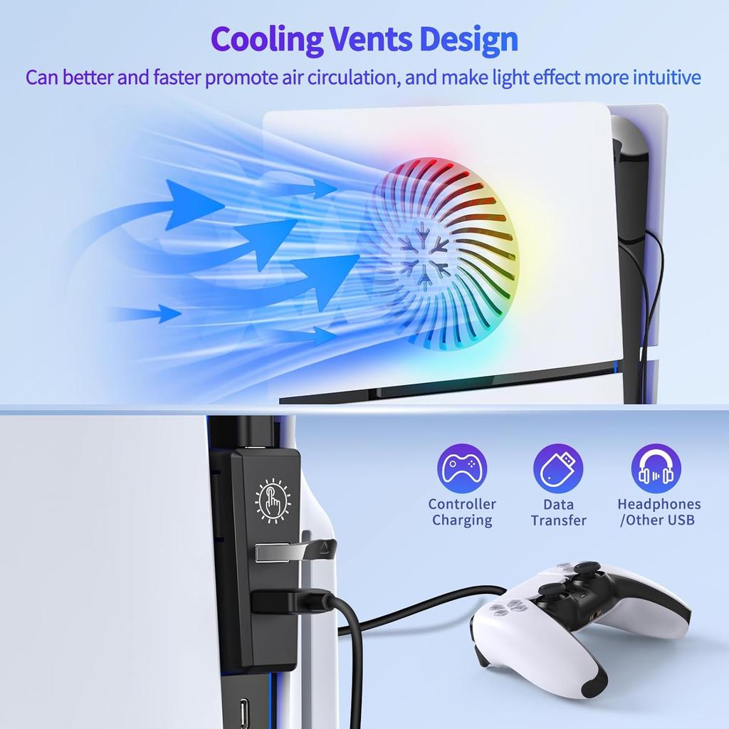 Faceplate for PS5 Slim Console with Cooling Vents & RGB Light Ring Strip & USB2.0 Hub, DIY Hard Shockproof Plates Cover & 15 LED Mode, Replacement