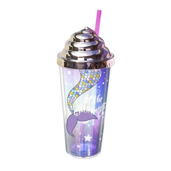 420ml Water Cup with Straw Double Wall Heat Insulated BPA Free Leak-proof Drinkware Plastic Mermaid Pattern Sippy Cup for School