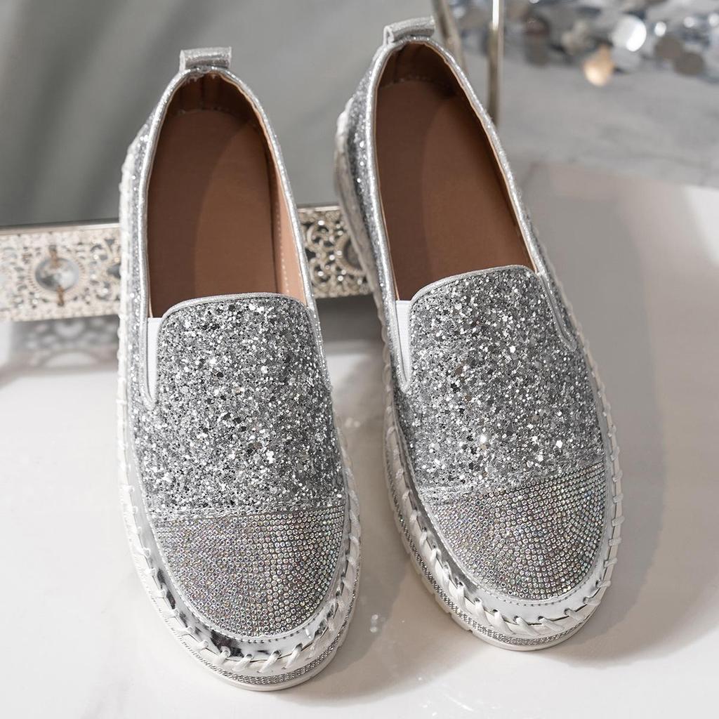 Korean Style Rhinestone Thick-Soled Casual Loafers (Plus Size) for Spring and Autumn 2025