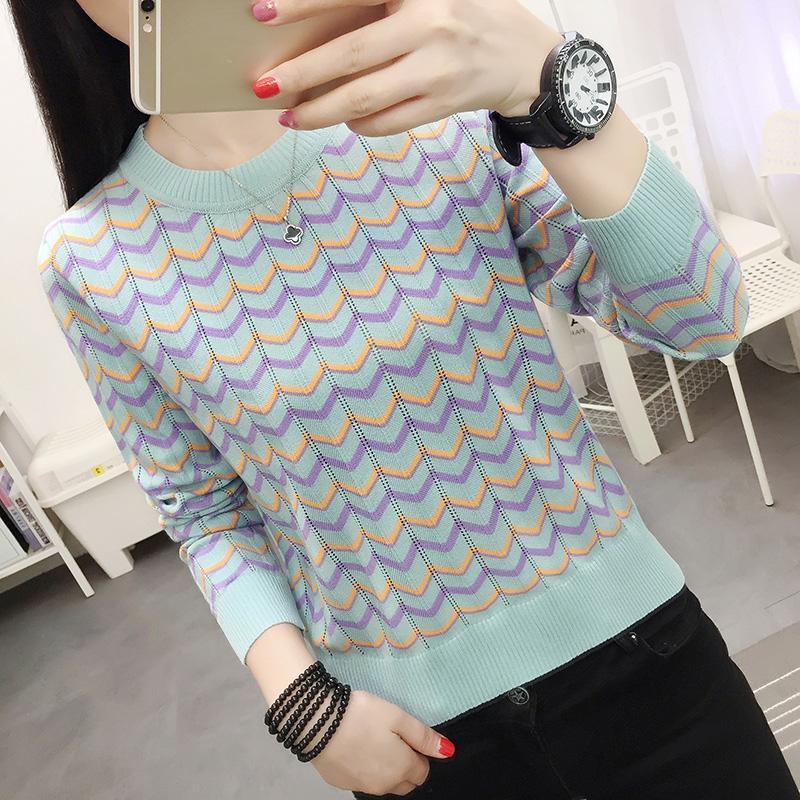Fashion Knitted Short Sleeve Women's Autumn Winter T-shirt Round Neck Soft Stripe Sweater Top