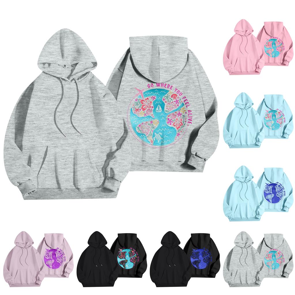 Dámská móda Dámský lehký svetr s dlouhým rukávem a kapsami Preppy grafická mikina s kapucí