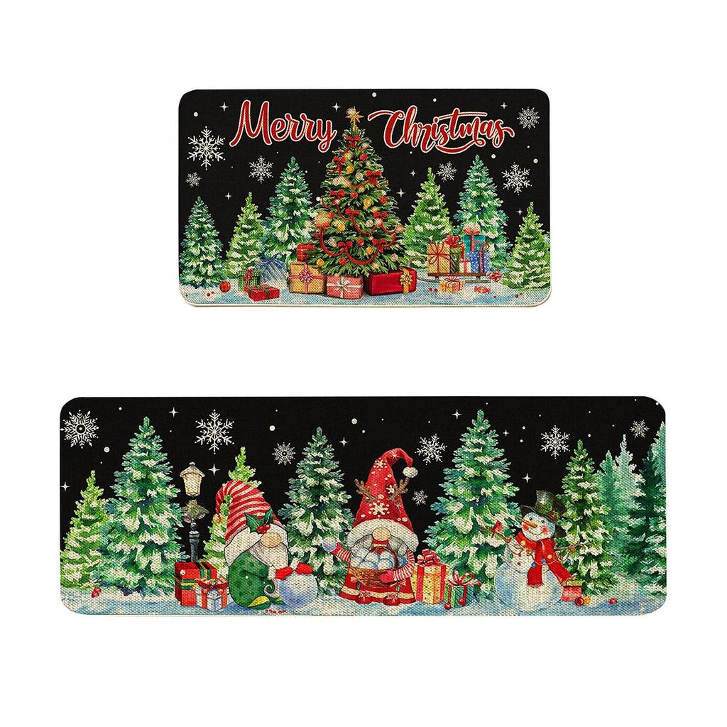 VIKAMA 2pcs Christmas Winter Crystal Velvet Floor Rug Kitchen Non-slip Mat Entrance Welcome Door Mat Holiday Home Decoration