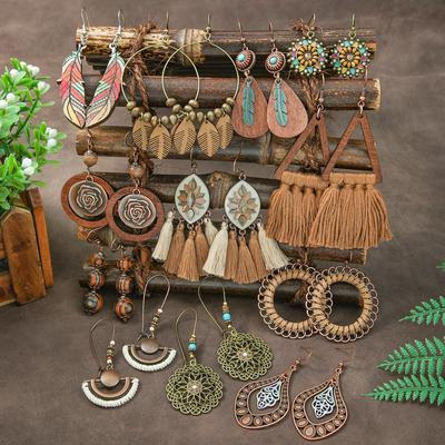 Boho Vintage Kaffeefarbene Hängeohrringe für Damen Geometrischer Stammesstil Quaste Ohrhänger Party Dekorationen Alltagskleidung Geschenk Vielseitig