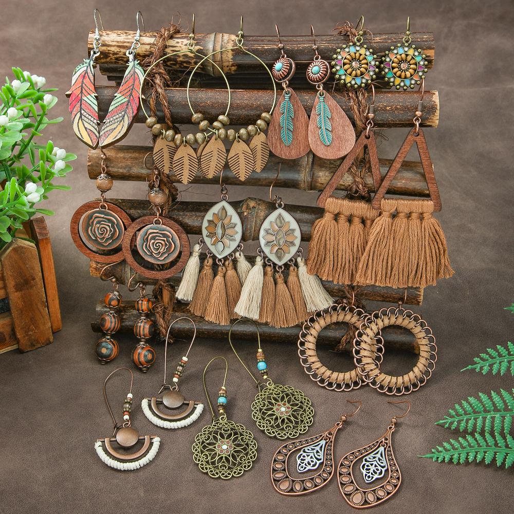 Boho Vintage Coffee Color Dangle Earrings for Women Geometric Tribal Style Tassel Eardrop Party Decors Daily Wear Gift Versatile