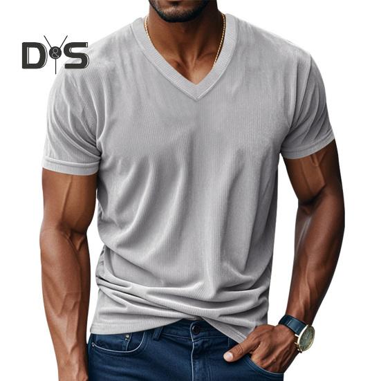 Tricou bărbătesc din velur cu decolteu în V Tricou din tricot cu nervuri pentru bărbați Tricou cu mânecă scurtă Casual Top business pentru muncă, vacanță, stradă